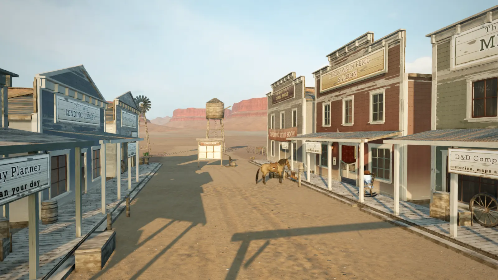 Main Street in the Renfro Vibes ghost town at late afternoon: weathered false-front buildings with painted signs on both sides of a dirt street, a horse at the hitching rail, the Town Crier board and a water tower, and red mesas under a big blue sky.