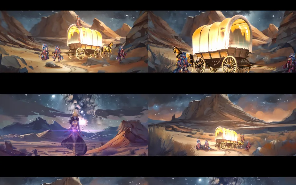 A glowing covered wagon and a crew of animal travellers on a desert road under a night sky.
