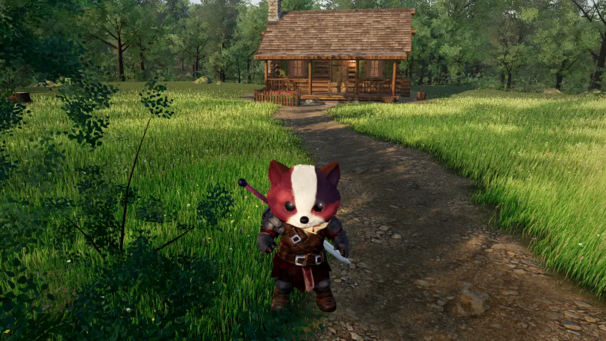 Lola the Bear in her armour, facing you in a sunlit forest clearing